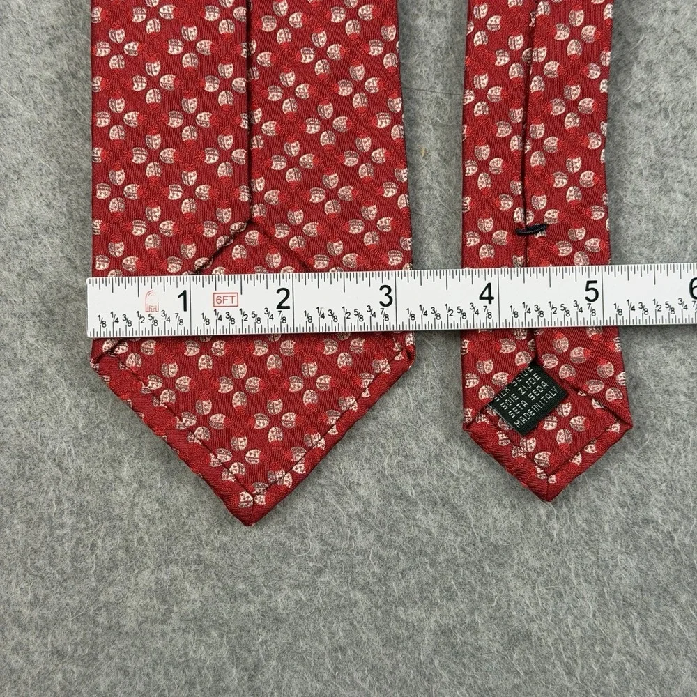 Vintage Jan Leslie Red Silk Tie Silver Ladybug Pattern Italy Luxury 59x3.25